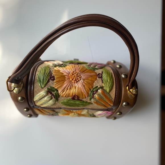 SOLD - Vintage Boho Raffia Woven Straw Floral Wooden Box Bag Purse Cabana - Picture 4 of 13